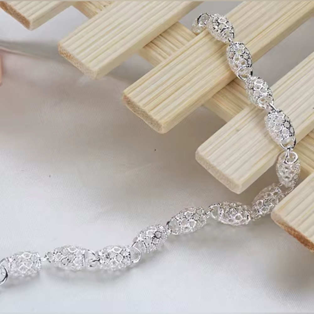NIB S925 Sterling Silver Flower Beads Bracelet Hollow Ball Adjustable Chain - Picture 3 of 13